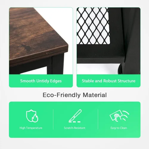 Vista 5 de Mesa auxiliar industrial de 2 niveles con estante de almacenamiento, resistente, fácil montaje, muebles decorativos con aspecto de madera con marco