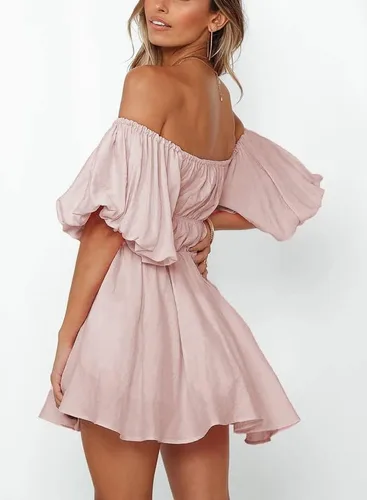 Vista 5 de Dokotoo Vestidos de verano para mujer, con hombros descubiertos, manga corta, farol, volantes, cintura elástica, acampanado, casual, mini vestido
