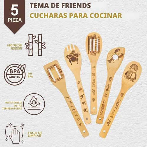 Vista 2 de Friends - Cucharas de madera para cocinar, juego de utensilios de cocina de 6 piezas con soporte, regalos para fanáticos, productos de programas