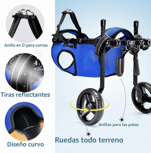 Vista 6 de Silla de ruedas para perros para patas traseras, altura/longitud/ancho ajustable, silla de ruedas resistente con ruedas que absorben los golpes