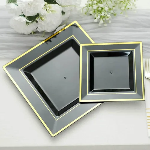 Vista 6 de Efavormart - Platos cuadrados de plástico para postre de ensalada de 7 pulgadas con borde dorado, 10
