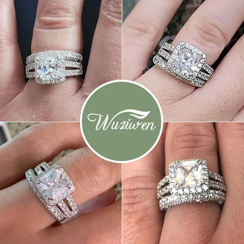 Vista 7 de Wuziwen Juego de anillos de compromiso de corte princesa para mujer, plata de ley, circonita cúbica