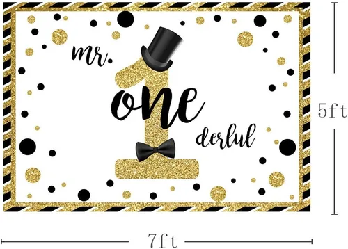 Vista 4 de MEHOFOND Mr Onederful - Fondo de cabina de estudio fotográfico negro y dorado con purpurina dorada, sombrero negro, pajarita para decoración