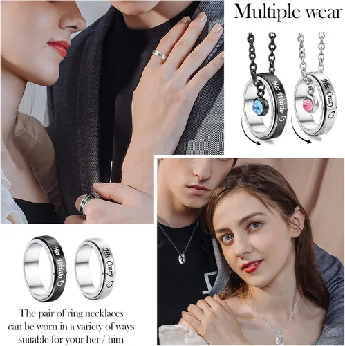 Vista 2 de MJartoria collares a juego para parejas, para él y ella, dijes de anillo grabados, con diamantes de imitación, regalo para novio y novia