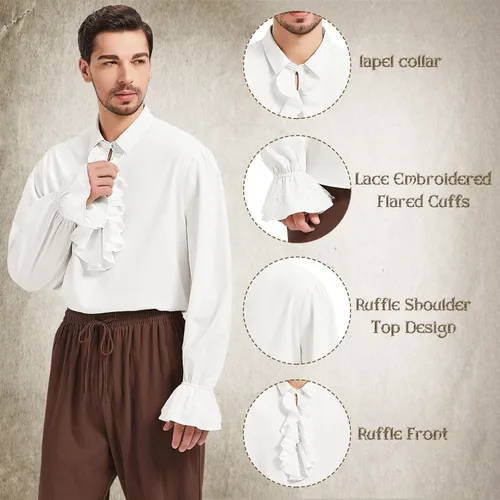 Vista 2 de American Trends Camisa pirata medieval renacentista para hombre, disfraz victoriano con volantes, steampunk, vampiro, gótico, tops de Halloween