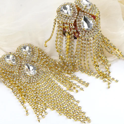 Vista 4 de 2 piezas de charreteras de hombro con flecos de cristal, diseño de gota de agua dorada, apliques de diamantes de imitación para ropa de mujer