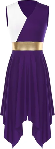 Vista 7 de Vestido de mujer de alabanza litúrgica con bloques de color, sin mangas, con dobladillo irregular, de estilo lírico para danza Borgoña