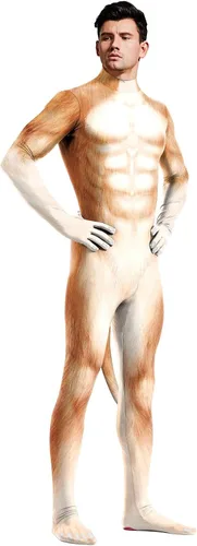 Vista 95 de Disfraz de animal para hombre con estampado de cola grande, overol peludo de elastano para cosplay, fiesta de Halloween