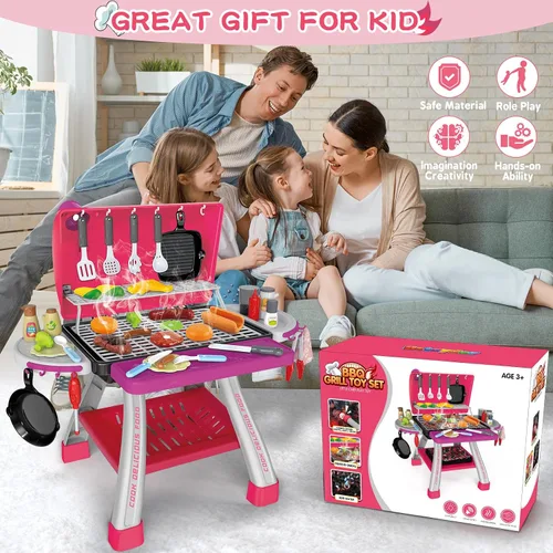 Vista 7 de Juguetes de Cocina para Niños, Parrilla de Barbacoa para Niños Juego de Cocina con Humo, Sonido y Luz, Juguetes de Comida Rosa Juego de Cocina