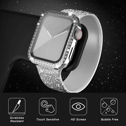 Vista 6 de Funda de dispositivo electrónico portátil para Apple Watch Series 9, 8, 7, 1.614 in, funda plateada brillante con diamantes de imitación de cristal