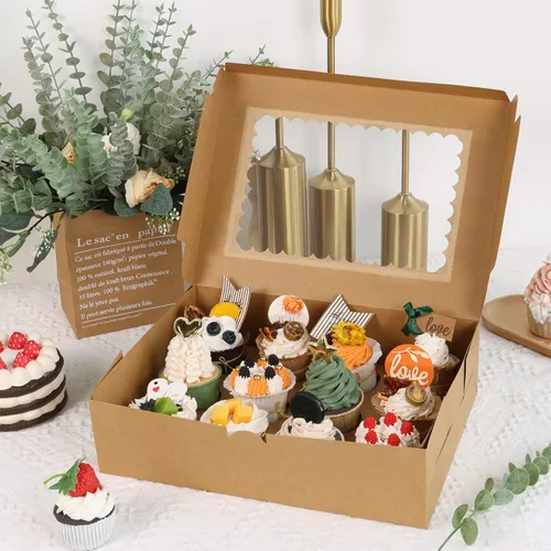Vista 4 de Moretoes 34 juegos de cajas para cupcakes, capacidad para 12 cupcakes cada una, recipientes marrones con ventana e insertos, 13 x 10 x 3.5 pulgadas