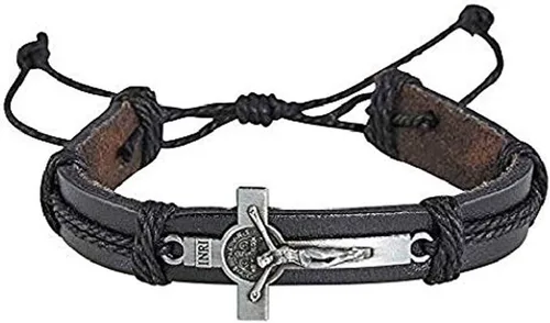 Vista 2 de Pulsera de cuero crucifijo con medalla de San Benito, juego de 2, Metal