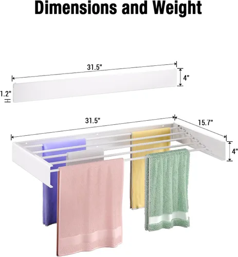 Vista 7 de Tendedero de pared de 31.5 pulgadas, 5 postes de aluminio, capacidad de carga de 60 libras, plegable, retráctil, ahorro de espacio