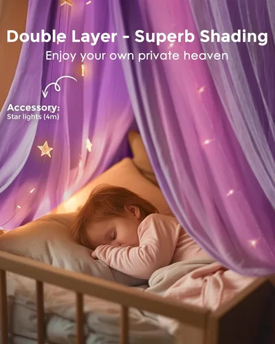 Vista 4 de Dosel de cama con luces de estrella, dosel de doble capa para cama, tienda de campaña de princesa para habitación de niñas, cortina de dosel