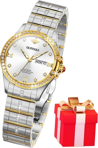 Vista 12 de OUPINKE Relojes automáticos para mujer, con diamantes elegantes, de vestir, de esqueleto, mecánico, cuerda automática, impermeable, luminoso