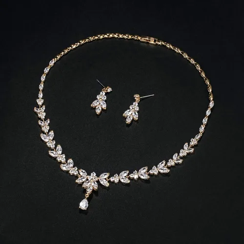 Vista 4 de WeimanJewelry Juego de collar y aretes de gota para mujer, chapado en plataorooro rosa, circonita cúbica redonda con circonita cúbica marquesa