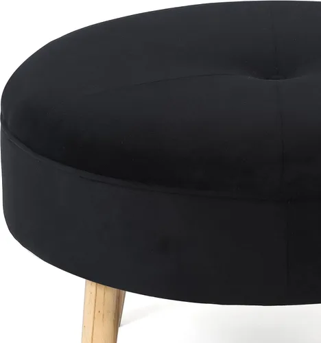 Vista 7 de Adeco Otomana redonda pequeña, otomana tapizada de terciopelo, con botones, reposapiés, asiento acolchado con patas de madera, moderno reposapiés