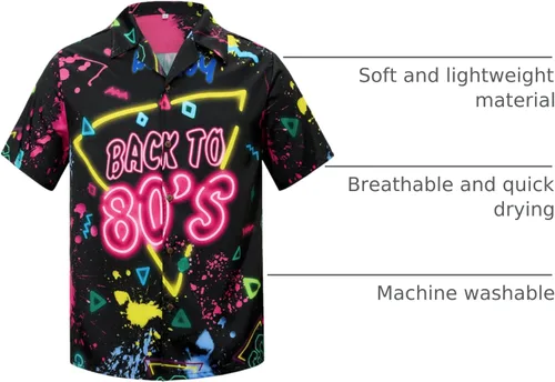 Vista 4 de Zando Traje de los años 90 y 80 para hombre, divertida camisa hawaiana retro de manga corta con botones para discoteca, fiesta temática y playa