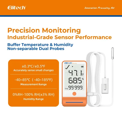 Vista 2 de Elitech Termómetro Digital de Registro de Datos de Temperatura y Humedad para Refrigerador Médico, Termómetro para Nevera de Vacunas, Monitor