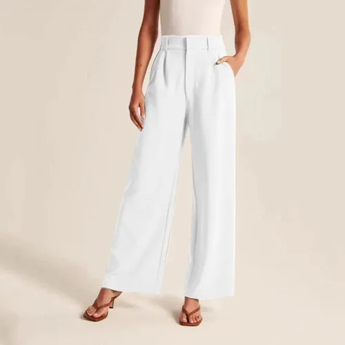 Vista 4 de YOLAI Pantalones de pierna ancha para mujer, pantalones casuales de cintura alta para trabajo, negocios, pantalones ligeros con bolsillos (blanco, L)