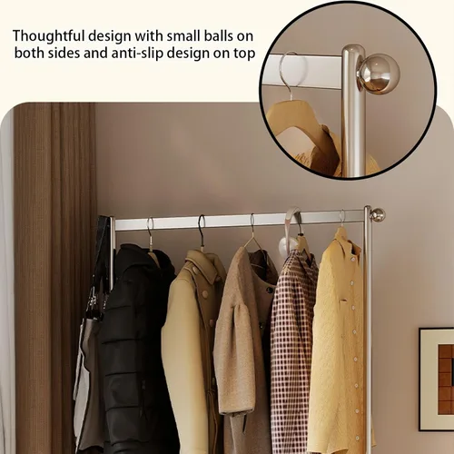 Vista 3 de Perchero de metal con ruedas, con estante de almacenamiento de madera, estantes de ropa rodantes para colgar ropa, perchero para dormitorio, Negro