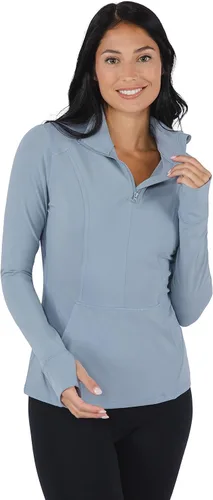 Vista 7 de Yogalicious Chaqueta atlética ligera de media cremallera de manga larga con bolsillos delanteros y orificios para los pulgares
