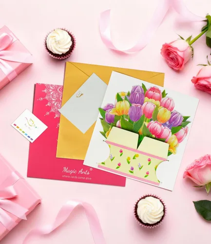 Vista 6 de Tarjeta de felicitación de primavera 3D con diseño de tulipanes coloridos para el día de la madre, cumpleaños, Pascua, aniversario, agradecimiento