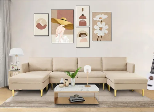 Vista 8 de Sofá modular en forma de U, moderno juego de sofá modular convertible de 4 asientos con diván reversible, otomana y almohadas para sala de estar