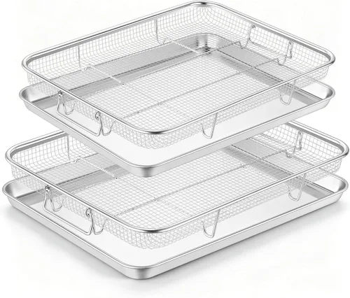 Vista 11 de TeamFar Paquete de 2 cestas para freidora de aire para horno, 9.3 x 7 x 1.9 pulgadas Stainless Steel, with Grease-Catching Tray, Less Oil &