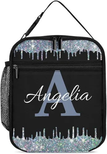 Vista 21 de Bolsa de almuerzo con nombre personalizado para hombres y mujeres, con monograma de purpurina azul, hielera, portátil, con nombre, para niñas