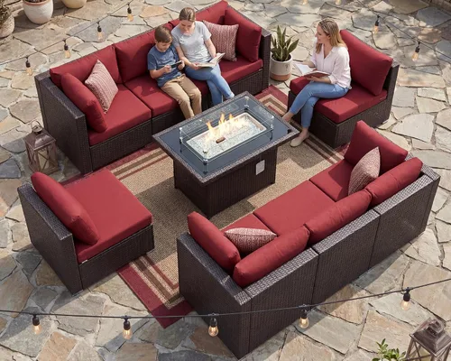 Vista 56 de NICESOUL Juego de muebles de patio de ratán extra grande con mesa para fogata de gas y propano, 29.3 pulgadas, respaldo alto, cómodos conversaciones