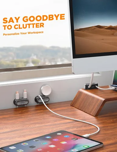 Vista 9 de Clips Magnéticos para Cables - Chfeila Paquete de 4 [Doble Ranura] [Rotación 360° y Bloqueo por Torsión] Gestión de Cables, Soporte Adhesivo