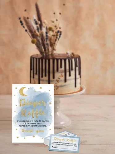 Vista 4 de Gihyan Juego de rifas de pañales para baby shower (1 letrero de pie + 50 tarjetas de búsqueda), boletos para sorteo de pañales de luna y estrellas