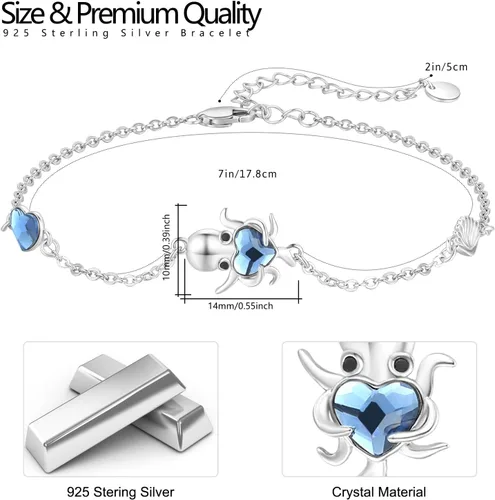 Vista 3 de CUOKA MIRACLE Pulsera de pulpo para mujer, pulsera de pulpo de cristal azul, joyería ajustable de 7 pulgadas + 2 pulgadas, dijes de cadena