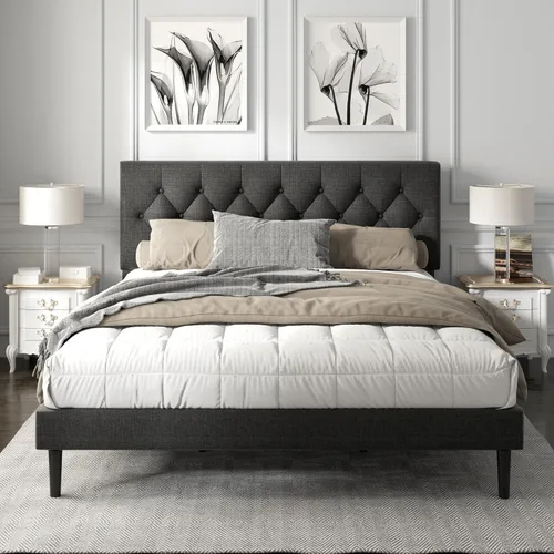Vista 9 de HAOARA Armazón de Cama de Plataforma Tamaño Completo con Cabecera Tapizada con Botones Capitoné, Base de Colchón con Soporte de Listones de Madera