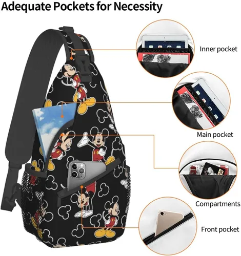 Vista 3 de EVWKL Linda mochila cruzada de Mickey Mouse para mujeres y hombres, bolsa de pecho para mujer, bolso de viaje, deportes, senderismo, Negro-2