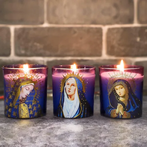 Vista 7 de Juego de 3 velas de soja aromáticas de romero con aroma a romero, velas devocionales de vigilia de larga duración para iglesia católica, hogar