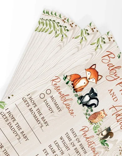 Vista 5 de Printed Party Predicciones y consejos para baby shower, animales del bosque, 50 tarjetas