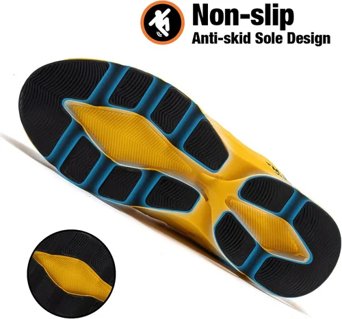 Vista 4 de Kezhiho Tenis de trabajo con punta de acero para hombre y mujer, amarillos, ligeros, transpirables, antideslizantes, construcción indestructible