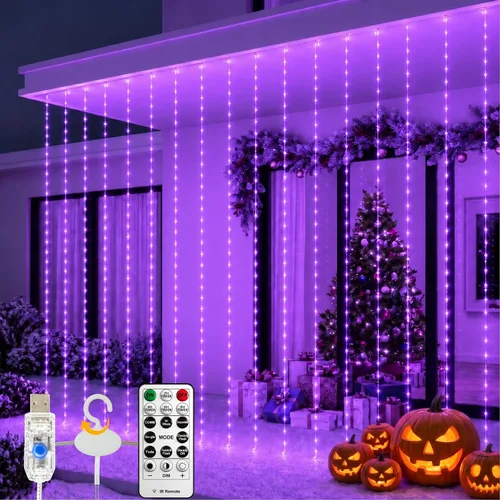 Vista 21 de HXWEIYE - Tira de 300 luces LED, cortina de guirnaldas navideñas con enchufe USB, 8 modos, control remoto para decoración de pared, fondo de Rojo