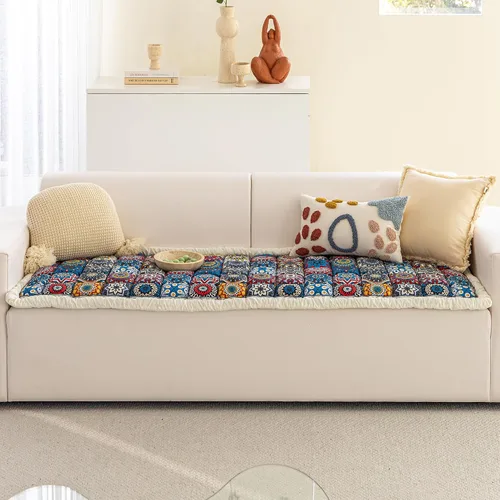 Vista 4 de Funda de sofá antideslizante para perros, funda lavable para sofá de 3 cojines, funda de estilo bohemio, protector de muebles apto para mascotas Azul