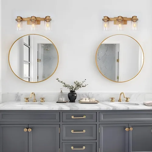 Vista 2 de Durent Lighting Moderna lámpara de baño, tocador de 3 luces con pantalla de vidrio semillado, 20.5 x 7.9 x 6.7 pulgadas, oro satinado, certificado