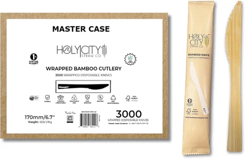 Vista 10 de Juego de cubiertos desechables de bambú envueltos 100 paquetes 1 cuchillo, 1 tenedor, 1 cuchara y 1 servilleta Kraft Utensilios biodegradables