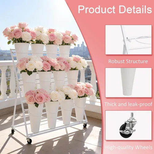 Vista 4 de Soporte de exhibición de flores de 3 niveles, soporte móvil de metal para plantas con 12 cubos, carrito de flores con ruedas, adecuado