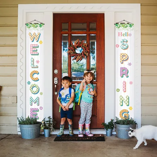 Vista 5 de Letrero colgante con texto en inglés «Hello Welcome Spring Happy Easter» para porche, puerta delantera, decoración interior y exterior