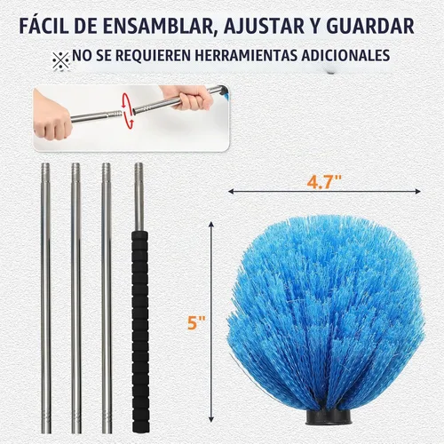 Vista 6 de Plumero de telaraña con poste de extensión de 5 pies, mango de acero inoxidable ajustable y cerdas rígidas, cepillo ligero para limpieza en Plateado