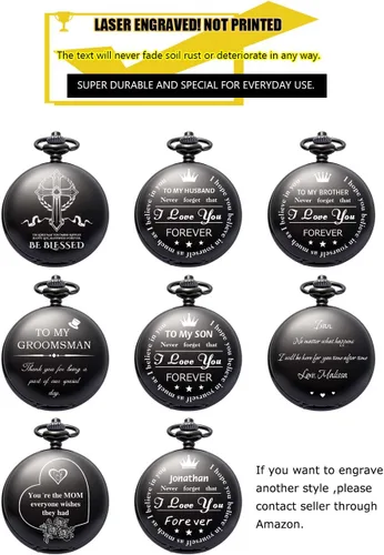 Vista 3 de ManChDa Relojes mecánicos de bolsillo grabados con esqueleto de doble cubierta con números romanos, esfera personalizada con caja y cadena