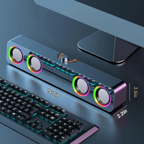Vista 7 de Elimavi Altavoces de computadora para PC de escritorio, altavoces de 2.0 canales con iluminación LED estática y control de volumen, con una entrada