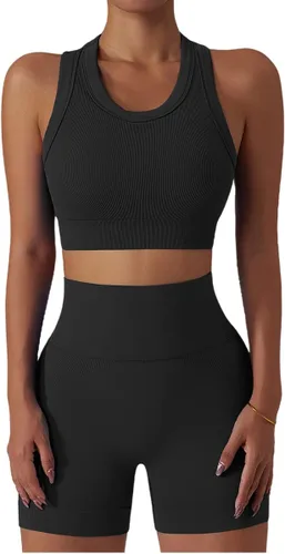 Vista 102 de Conjuntos de entrenamiento para mujer, 2 piezas, sin costuras, acanalada, sin mangas, brasier deportivo, cintura alta, pantalones cortos
