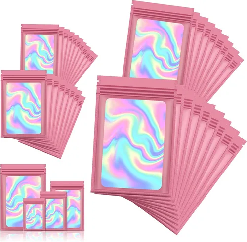 Vista 12 de 120 bolsas de tereftalato de polietileno a prueba de olores, bolsa de embalaje holográfica resellable con ventana transparente para alimentos